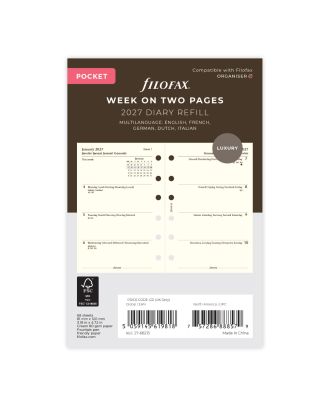 Recambio Filofax Pocket, color crema, semanal, 2 páginas, 2027