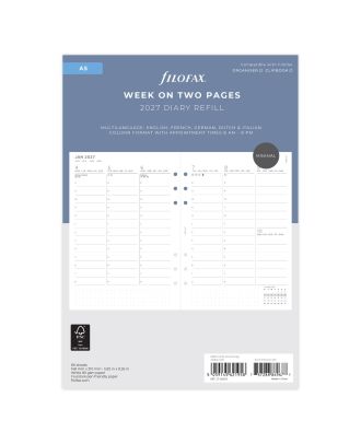 Recambio Filofax A5, semana en 2 páginas, diseño minimalista con columnas, 2027