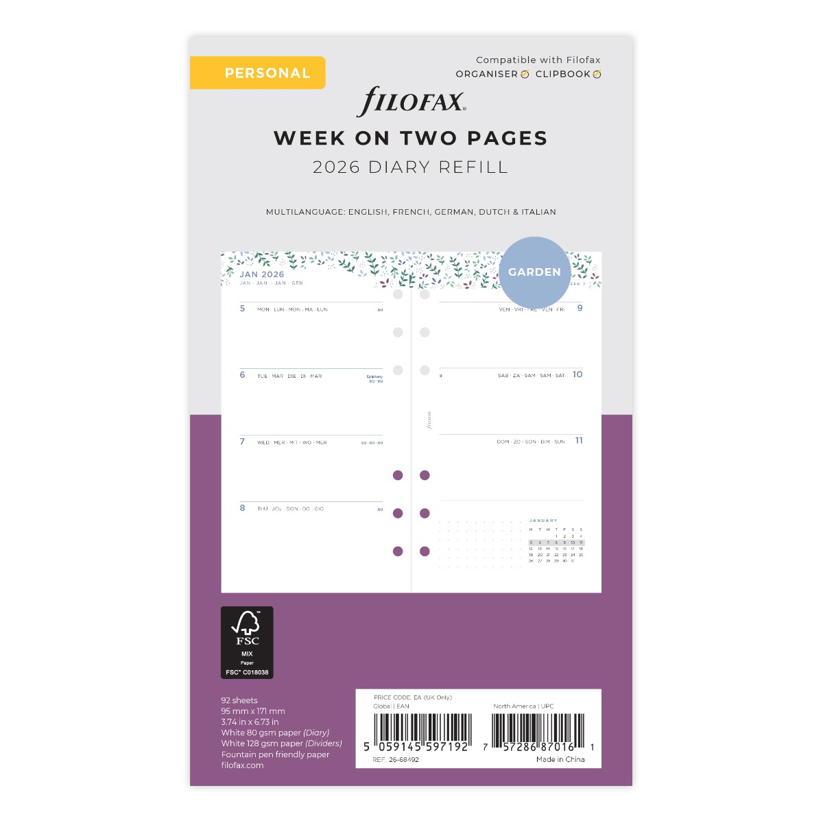 Filofax Personal Refill Week on 2 Pages Garden 2026