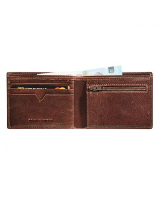 Maverick Rough Gear Portefeuille compact RFID en cuir marron avec compartiment à monnaie et poche zippée