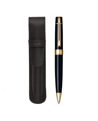 Sheaffer 300 Glossy Black Gold Trim Ballpoint Pen with Leather Pen Pouch