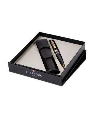 Sheaffer 300 Glossy Black Gold Trim Ballpoint Pen with Leather Pen Pouch