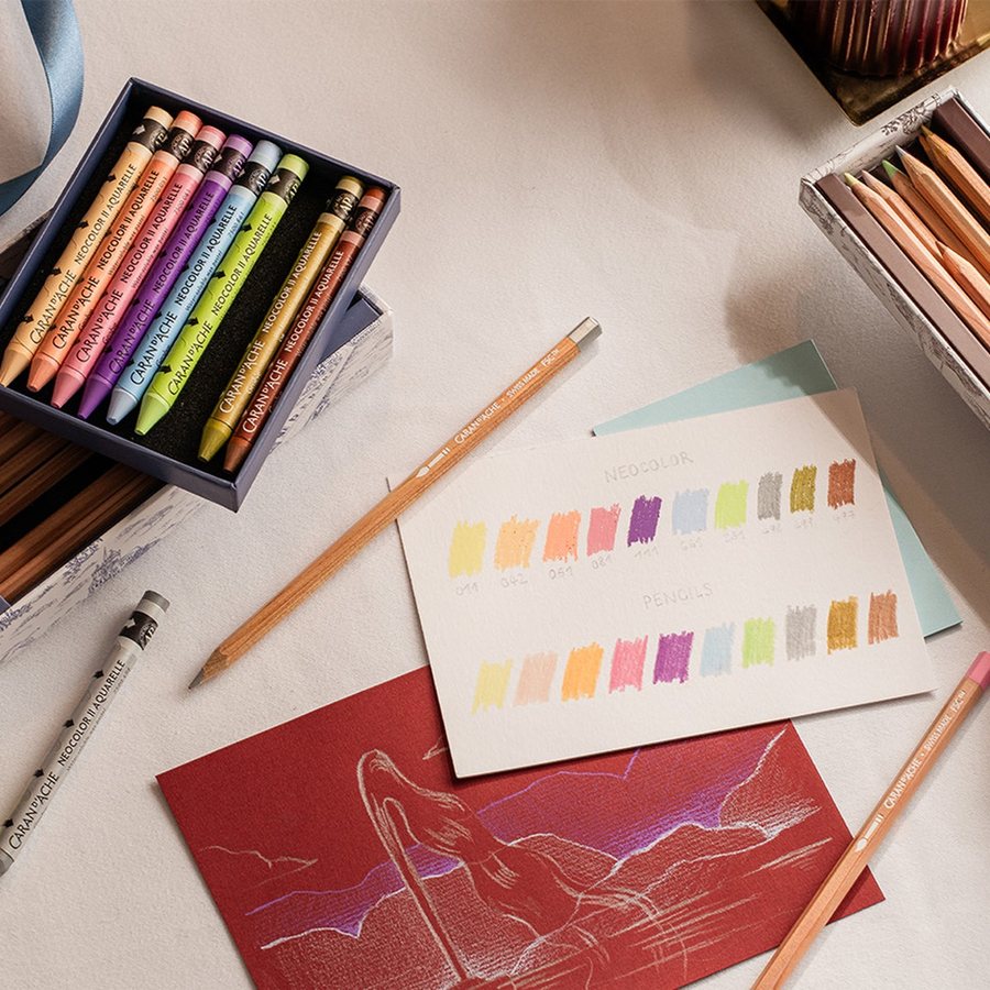 Watercolour pencils and Neocolor II Aquarelle wax pastels from the Toile de Jouy collection