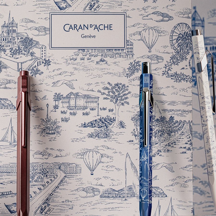 Suzanne Pinon's Geneva motif with the Jet d'Eau and a hot air balloon, with three 849 ballpoint pens
